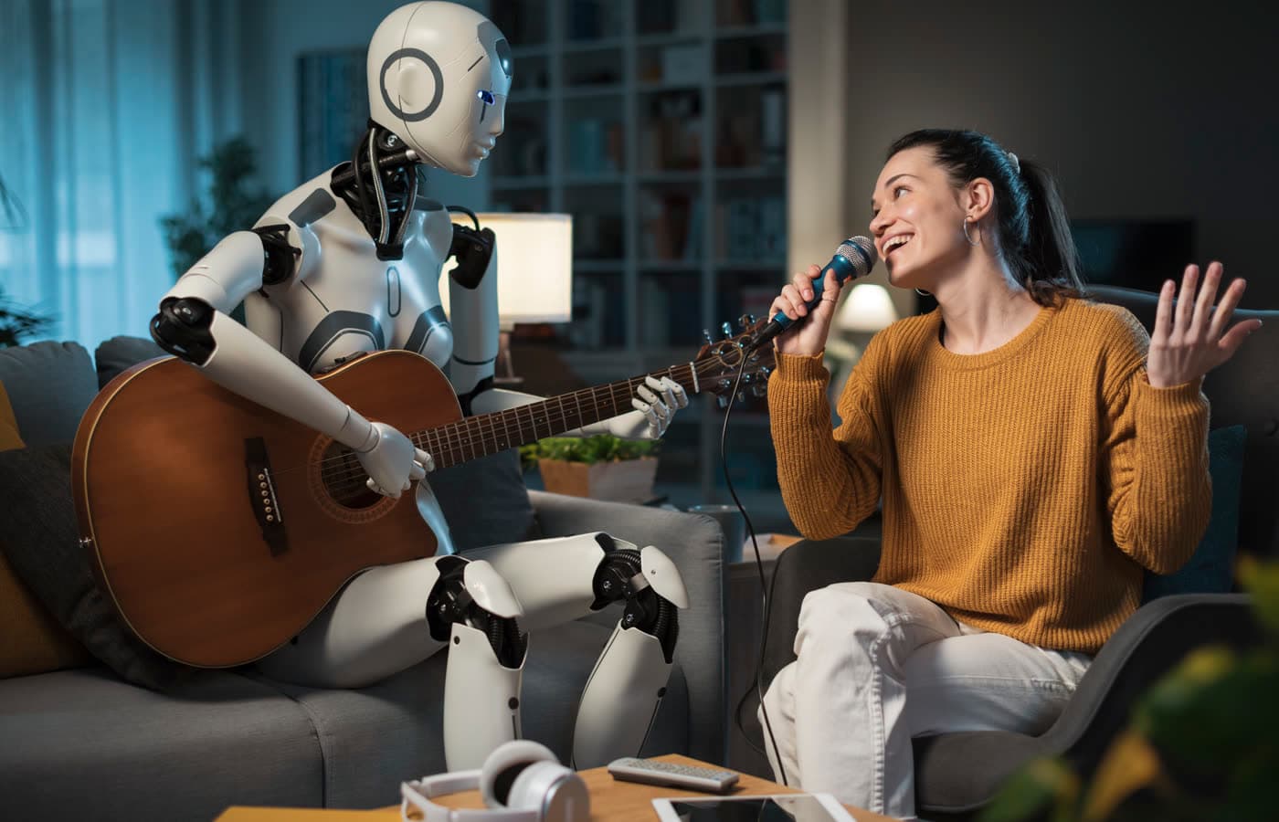 Woman singing with a robot playing guitar at home
